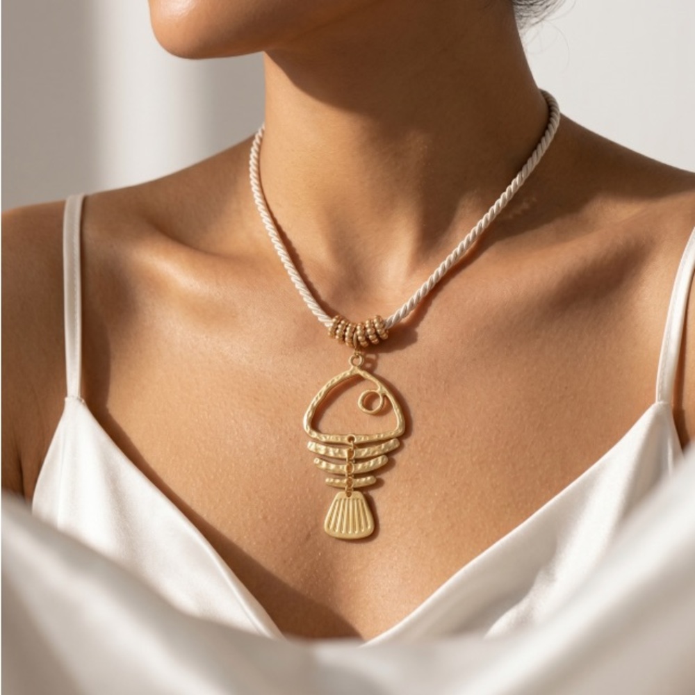 Gold Fishbone Pendant Necklace - Women Jewelry